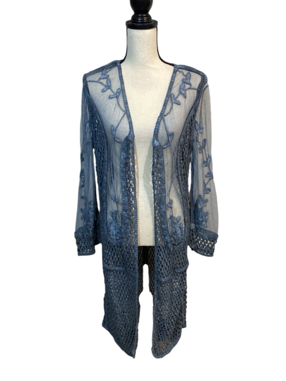 Indigo Thread Co. Slate Blue Mesh and Crochet Boho Duster XS